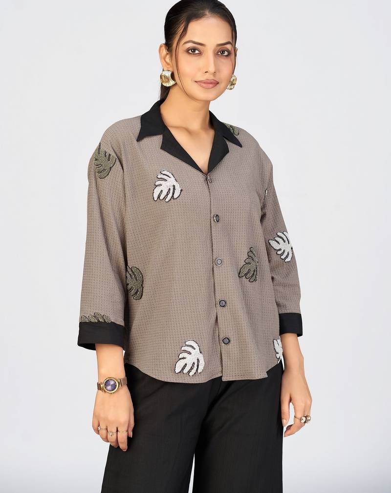 Women’s brown cotton leaf embroidered casual shirt with black collar