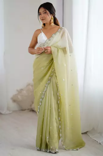 Green color chiffon crush fabric beautiful sophisticated work ceremonial saree