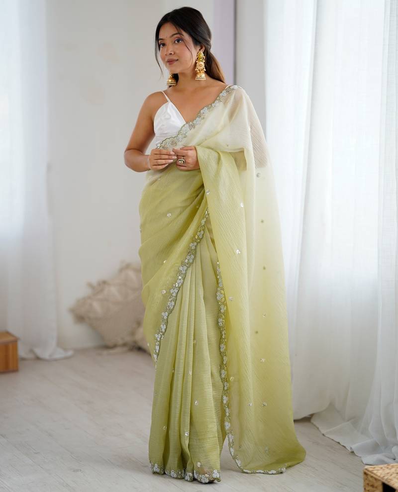 Green color chiffon crush fabric beautiful sophisticated work ceremonial saree