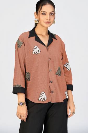 Women’s orange cotton leaf embroidered casual shirt with black collar