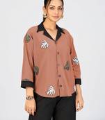 Women’s orange cotton leaf embroidered casual shirt with black collar