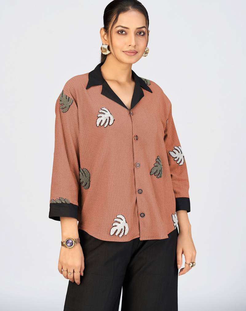 Women’s orange cotton leaf embroidered casual shirt with black collar