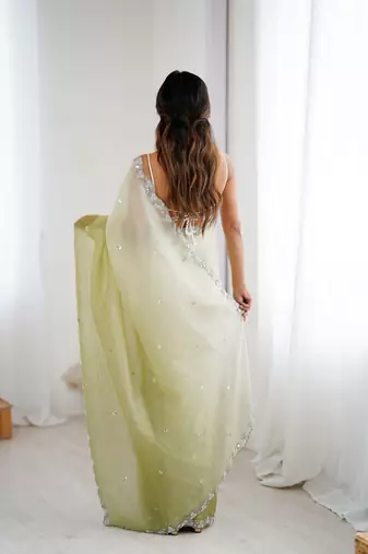 Green chiffon crush sophisticated work ceremonial saree
