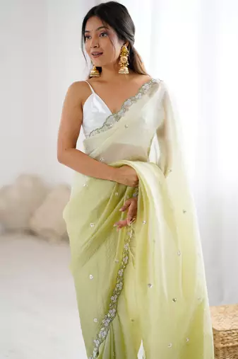 Green chiffon crush sophisticated work ceremonial saree