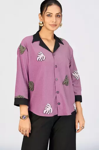 Women’s wine cotton leaf embroidered casual shirt with black collar