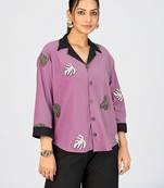Women’s wine cotton leaf embroidered casual shirt with black collar