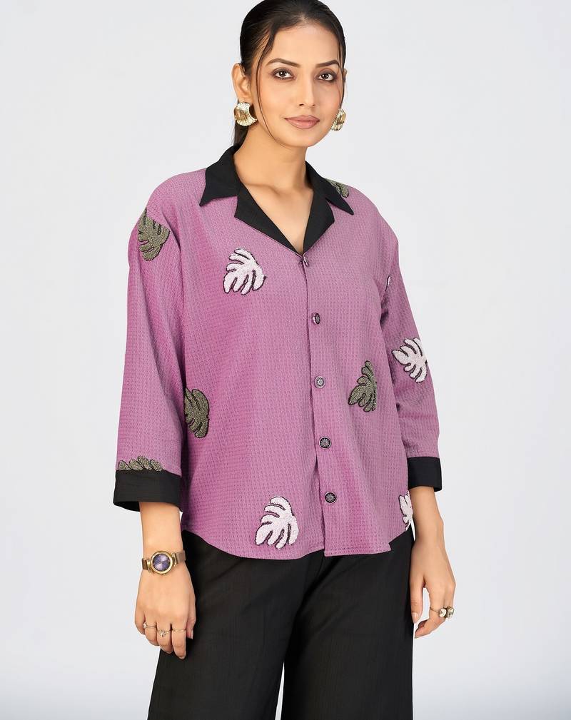 Women’s wine cotton leaf embroidered casual shirt with black collar