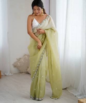 Green chiffon crush sophisticated work ceremonial saree 4