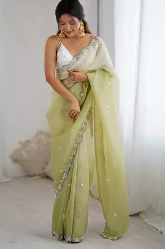 Green chiffon crush sophisticated work ceremonial saree