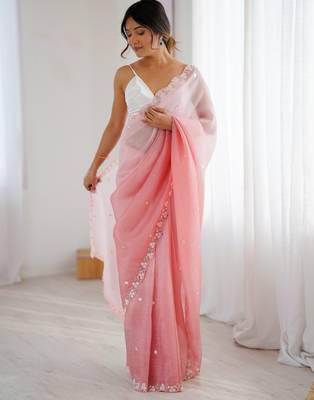 Pink chiffon crush sophisticated work ceremonial saree 1
