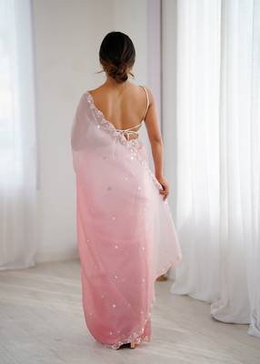Pink chiffon crush sophisticated work ceremonial saree 2
