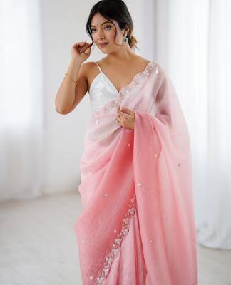 Pink chiffon crush sophisticated work ceremonial saree 3