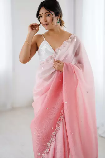 Pink chiffon crush sophisticated work ceremonial saree