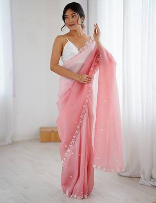 Pink chiffon crush sophisticated work ceremonial saree 4