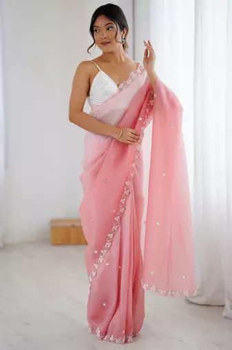 Pink chiffon crush sophisticated work ceremonial saree