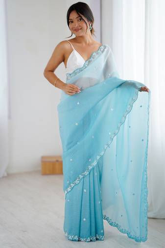 Sky blue color chiffon crush fabric beautiful sophisticated work ceremonial saree