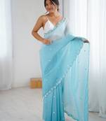Sky blue color chiffon crush fabric beautiful sophisticated work ceremonial saree