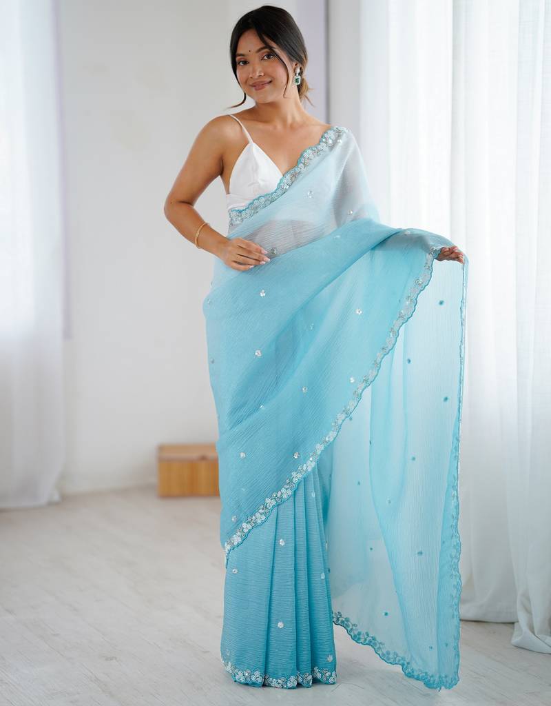 Sky blue color chiffon crush fabric beautiful sophisticated work ceremonial saree