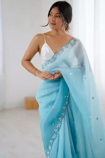 Sky blue chiffon crush sophisticated work ceremonial saree