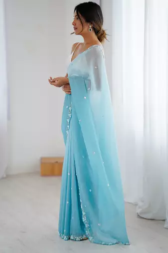 Sky blue chiffon crush sophisticated work ceremonial saree