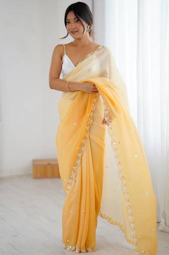 Mustard color chiffon crush fabric beautiful sophisticated work ceremonial saree