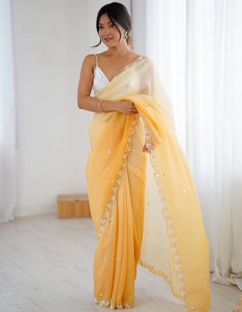 Mustard color chiffon crush fabric beautiful sophisticated work ceremonial saree