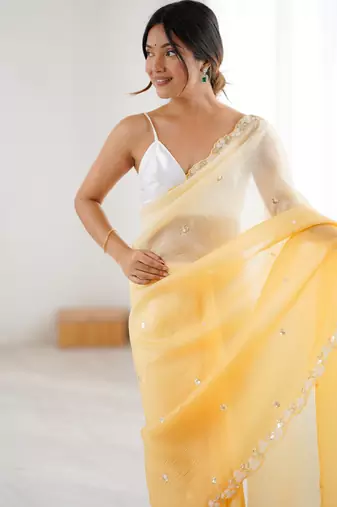 Mustard chiffon crush sophisticated work ceremonial saree