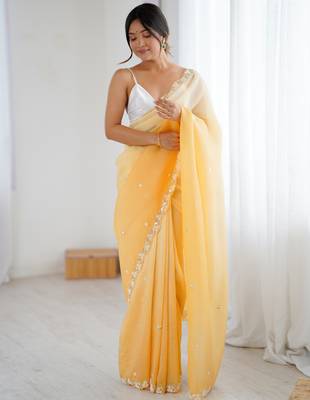 Mustard chiffon crush sophisticated work ceremonial saree 4