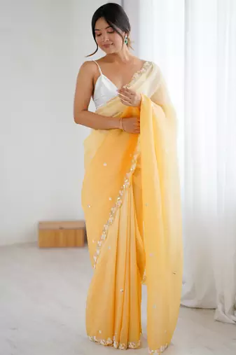 Mustard chiffon crush sophisticated work ceremonial saree