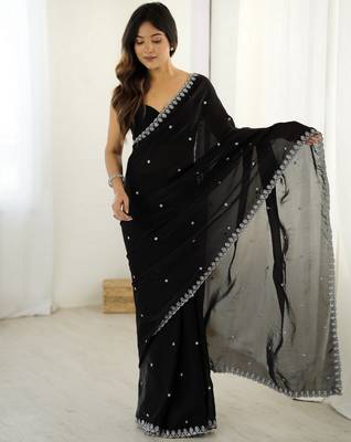Black fancy partywear satin saree 1