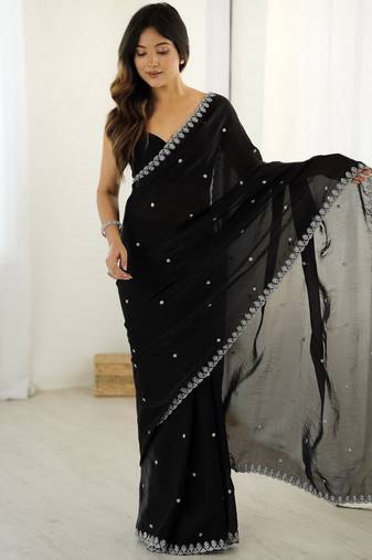Black color beautiful fancy partywear fendy satin saree