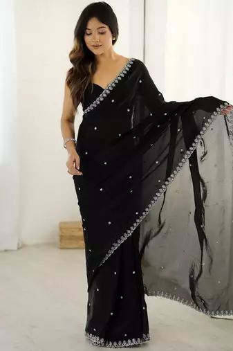 Black color beautiful fancy partywear fendy satin saree