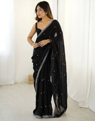Black fancy partywear satin saree 2