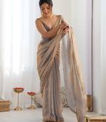 Beige color beautiful fancy partywear fendy satin saree