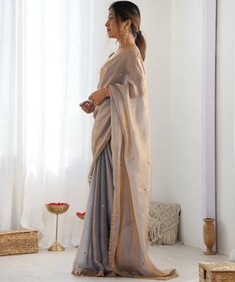 Beige fancy partywear satin saree 2