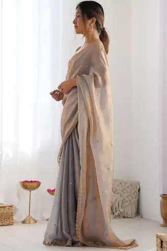 Beige fancy partywear satin saree