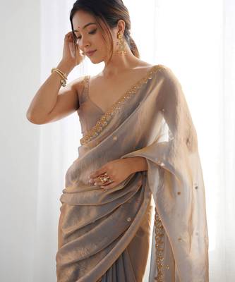 Beige fancy partywear satin saree 3