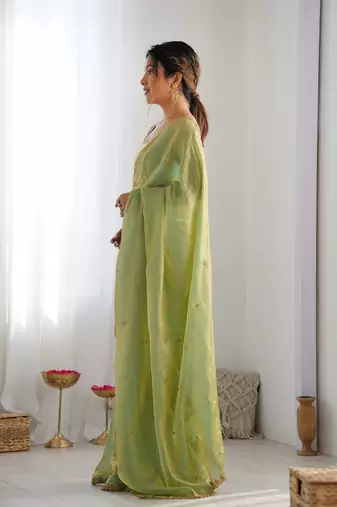 Green fancy partywear satin saree