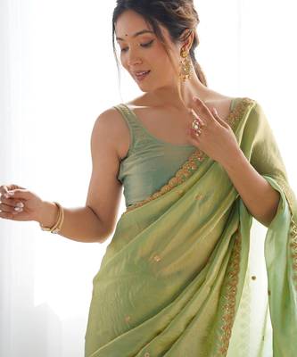 Green fancy partywear satin saree 3