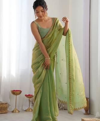 Green fancy partywear satin saree 4
