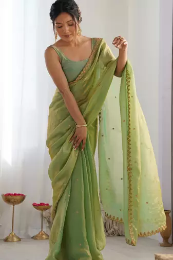 Green fancy partywear satin saree
