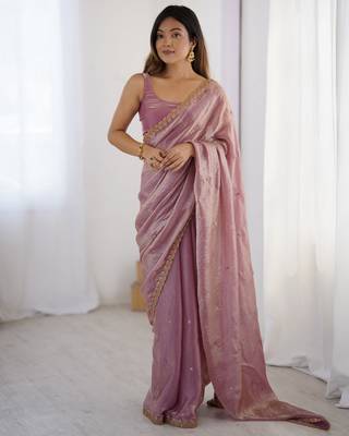Pink fancy partywear satin saree 1