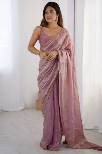 Pink color beautiful fancy partywear fendy satin saree