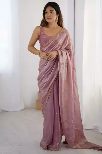 Pink color beautiful fancy partywear fendy satin saree