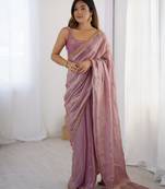 Pink color beautiful fancy partywear fendy satin saree