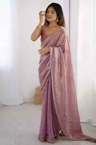 Pink fancy partywear satin saree