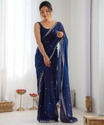 Blue fancy partywear satin saree 1