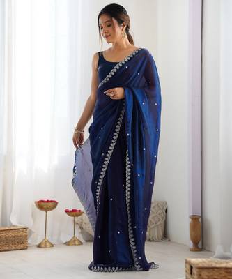 Blue fancy partywear satin saree 2