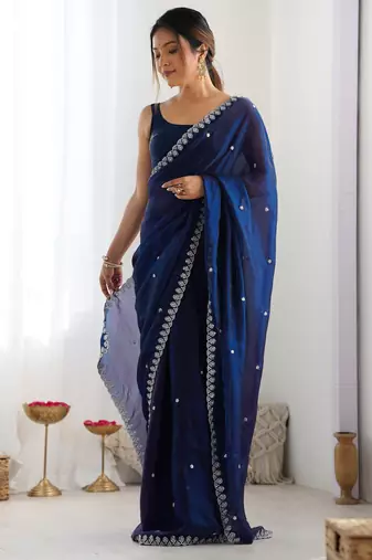 Blue fancy partywear satin saree
