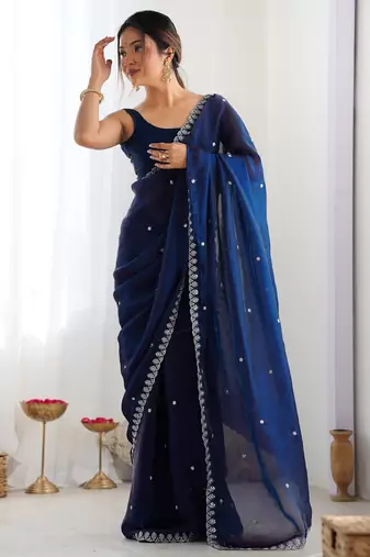Blue fancy partywear satin saree